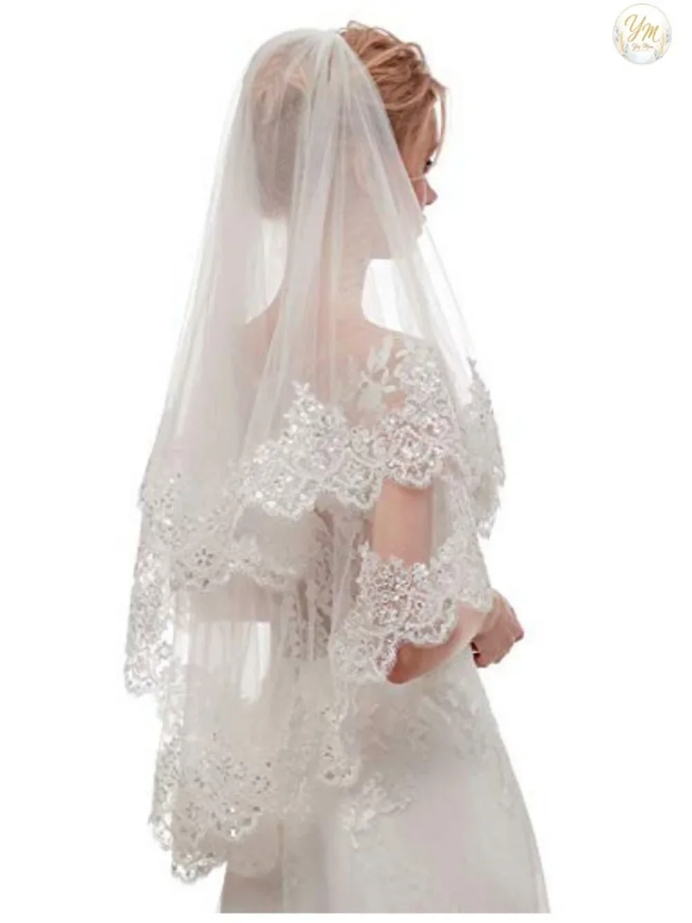 Short Two Tier Wedding Bridal Veil with Comb Lace Tulle Fingertip Length